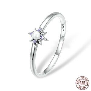 NWT Dainty Star Ring S925 Sterling Silver Pearl Purple Zircon Sz. 7